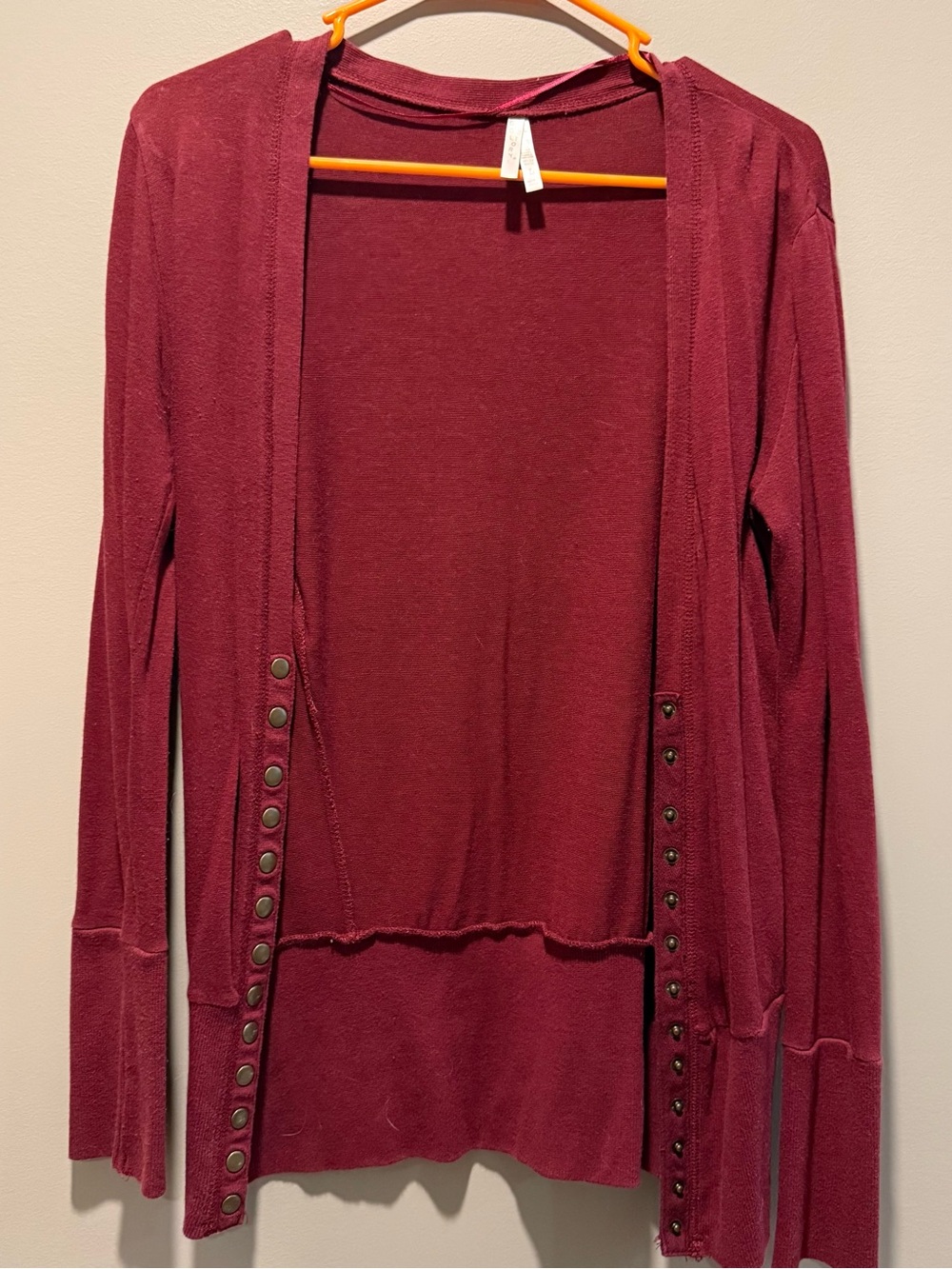 Open-Front Snap-Trim Cardigan Sweater in Maroon